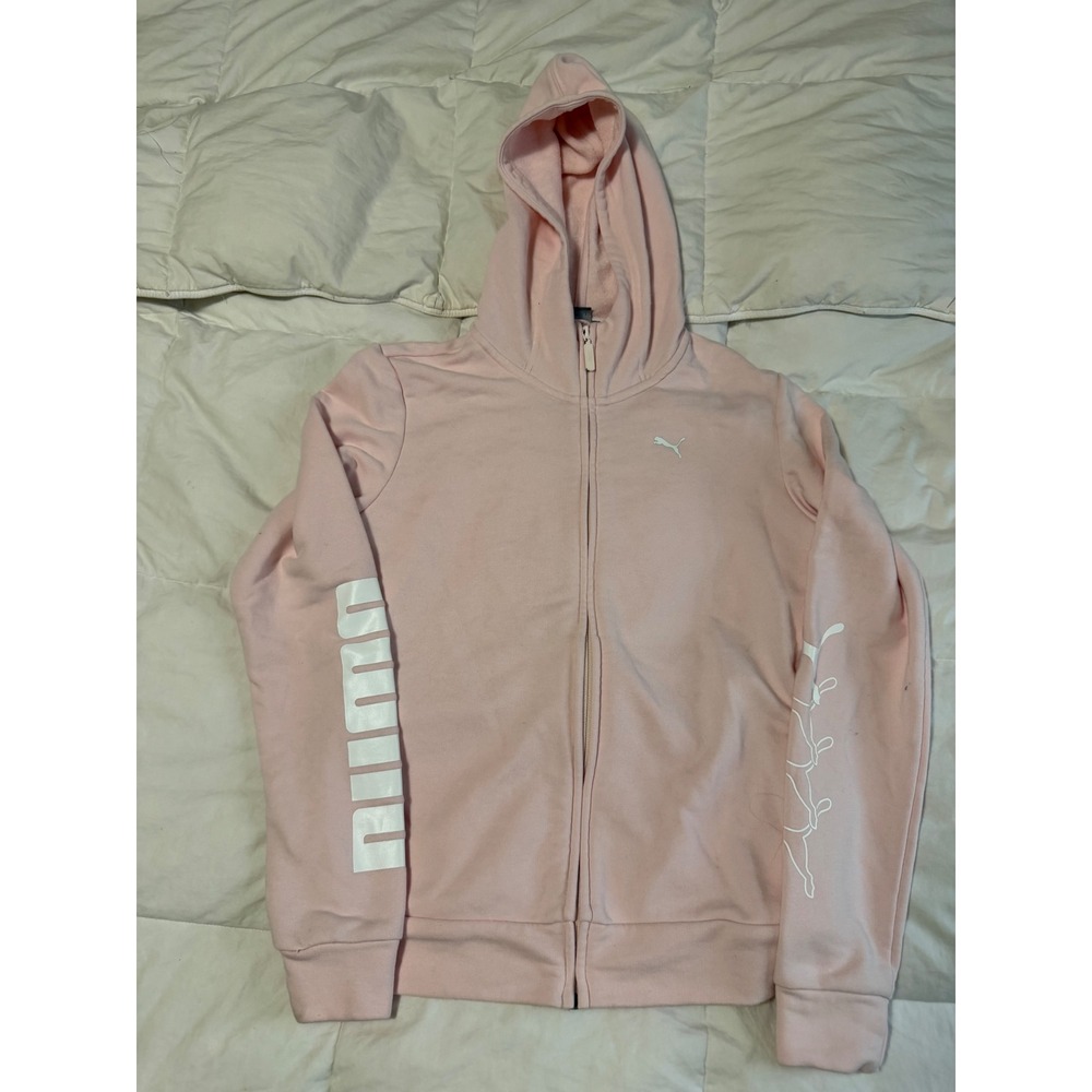 Puma Womens Full Zip Hoodie Pink Graphic Sleeve Logo Sweatshirt Small
